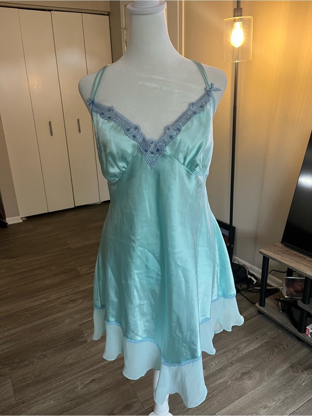 Silky Aqua Lace-Trim Chemise Nightdress